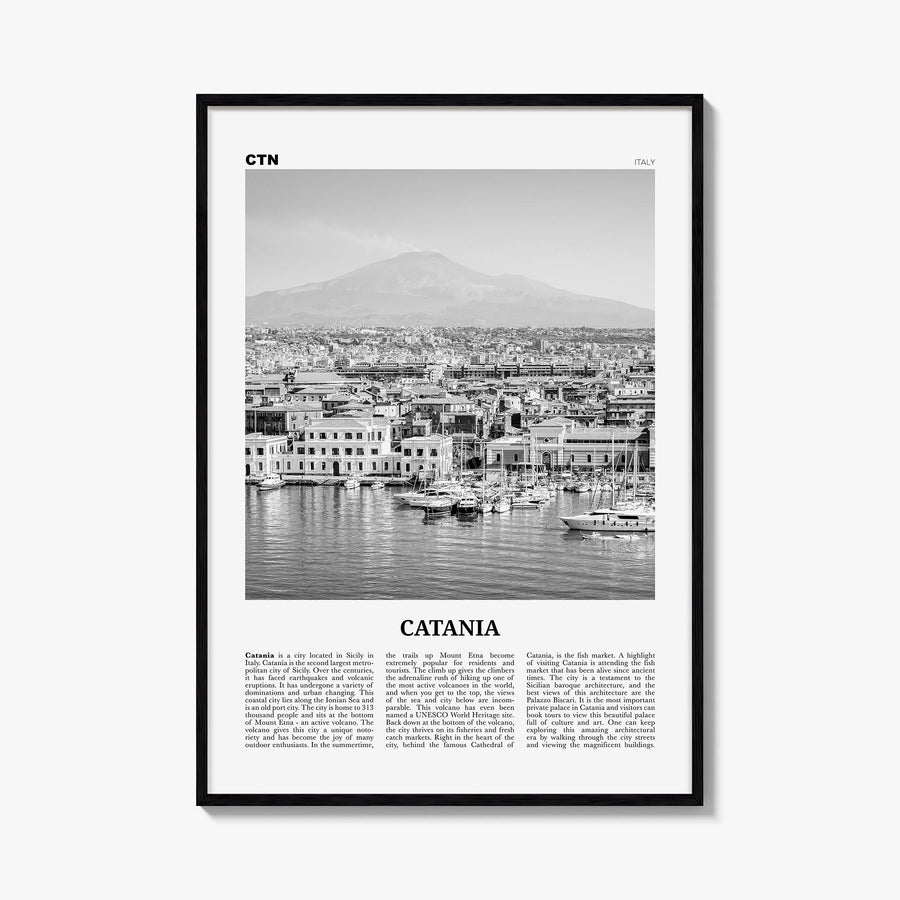 Catania black & white newspaper poster of Italy – vertical wall art, unframed print shown in interior mockup