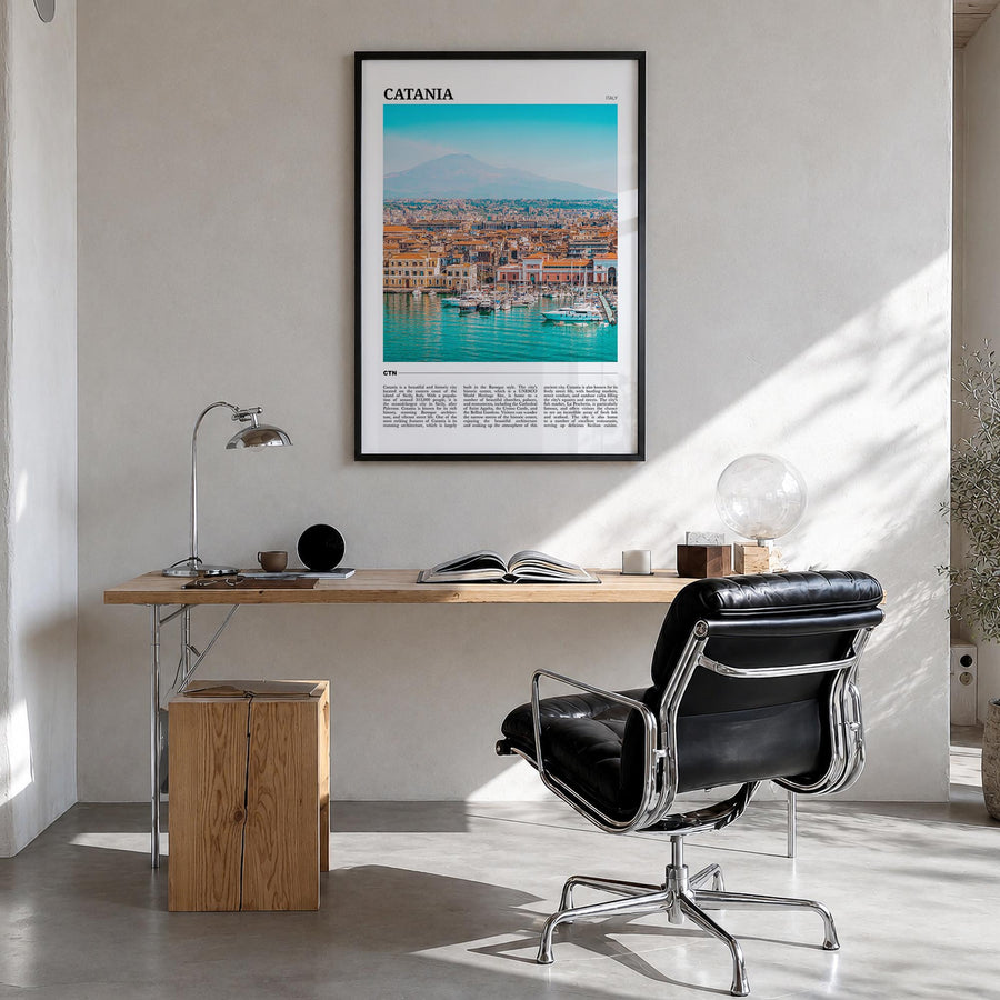 Catania colorful travel poster of Italy – vertical wall art in black wood frame, hanging on wall