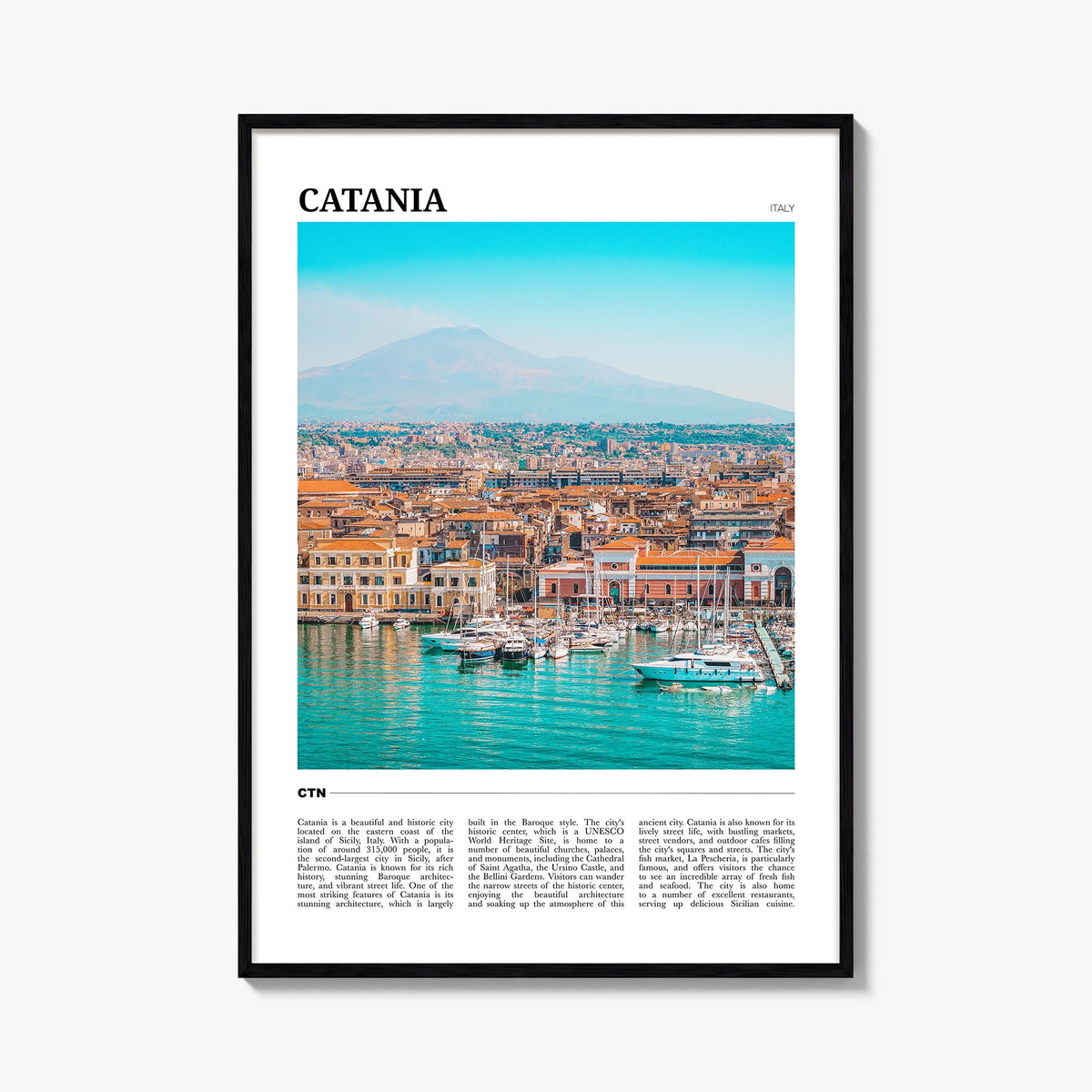 Catania colorful travel poster of Italy – vertical wall art, unframed print shown in interior mockup