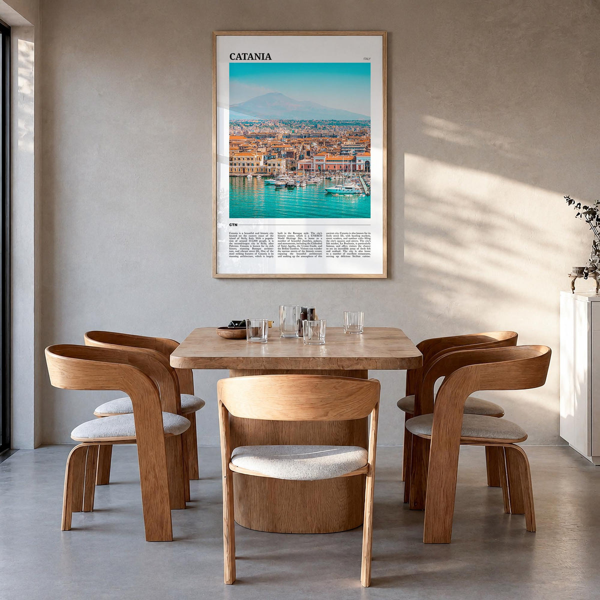 Catania colorful travel poster of Italy – vertical wall art in natural wood frame, hanging on wall