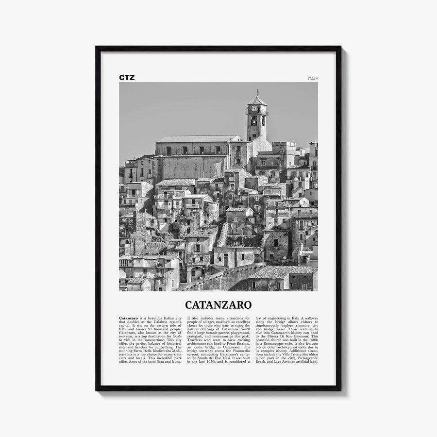 Catanzaro black & white newspaper poster of Italy – vertical wall art, unframed print shown in interior mockup