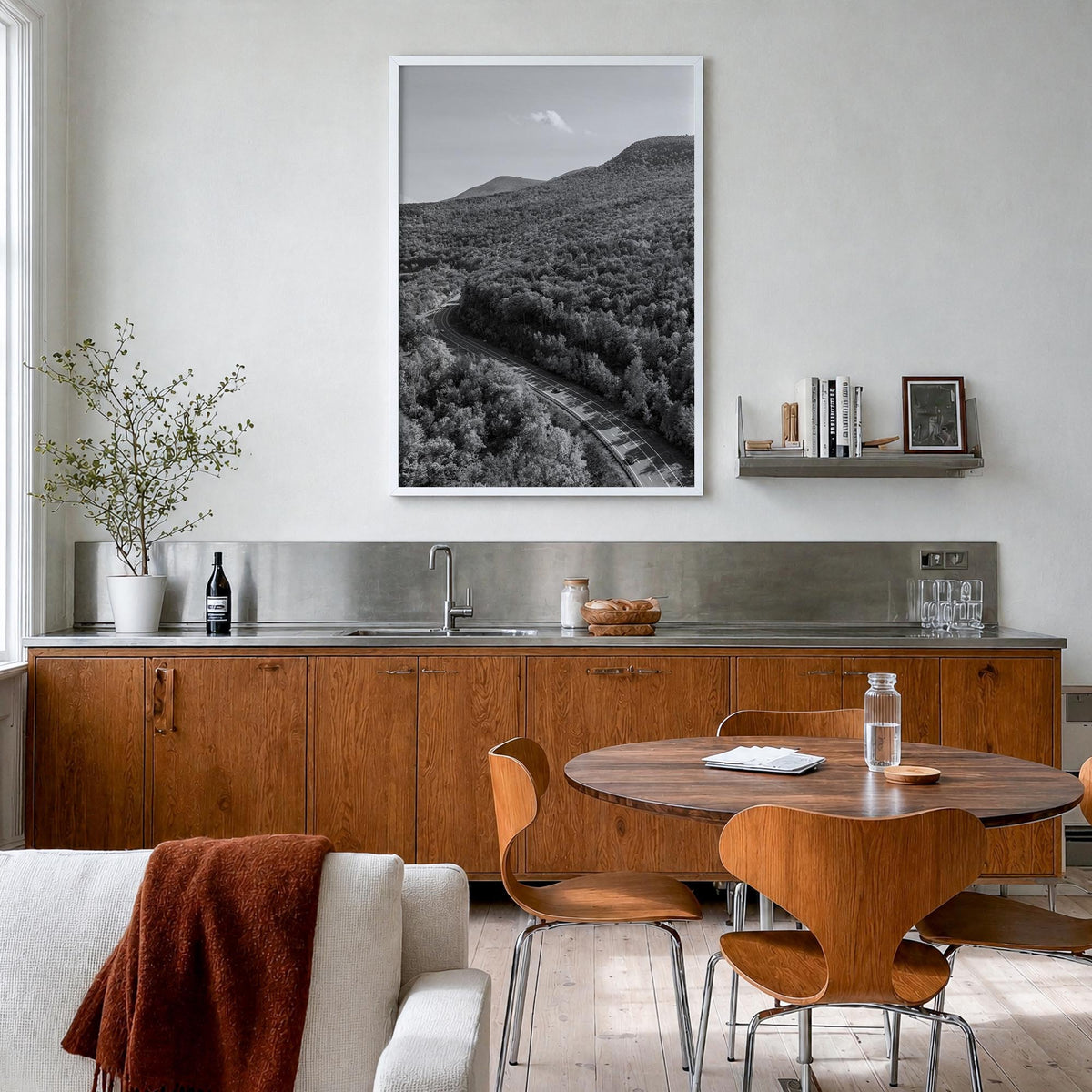 Catskill Mountains black & white photo poster of New York, USA – vertical wall art in white wood frame, hanging on wall