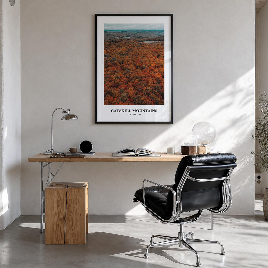 Catskill Mountains colorful classic poster of New York, USA – vertical wall art in black wood frame, hanging on wall