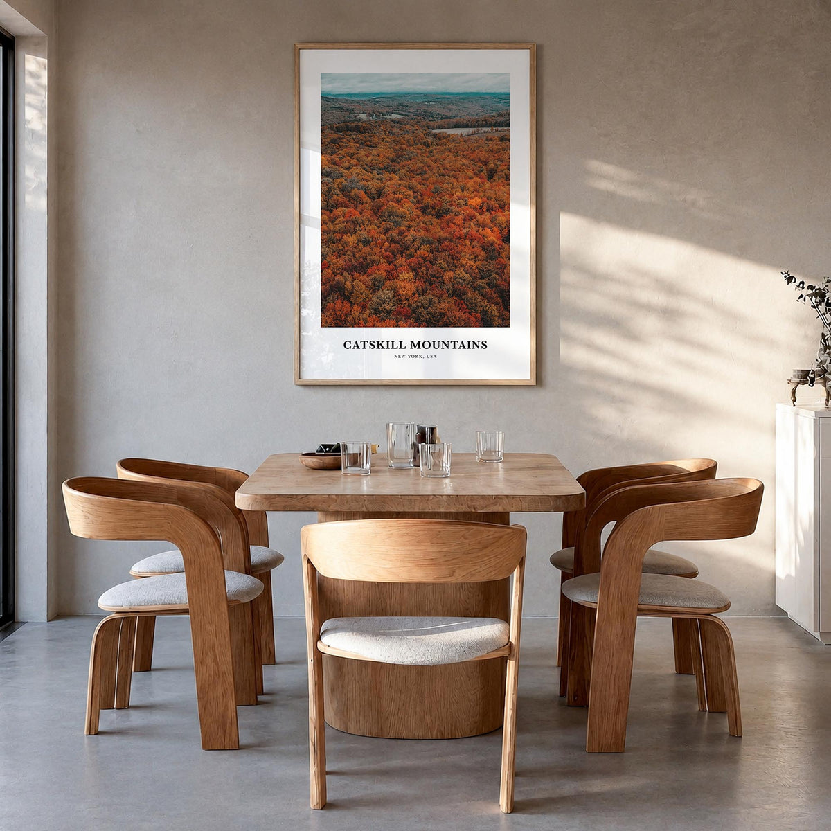 Catskill Mountains colorful classic poster of New York, USA – vertical wall art in natural wood frame, hanging on wall