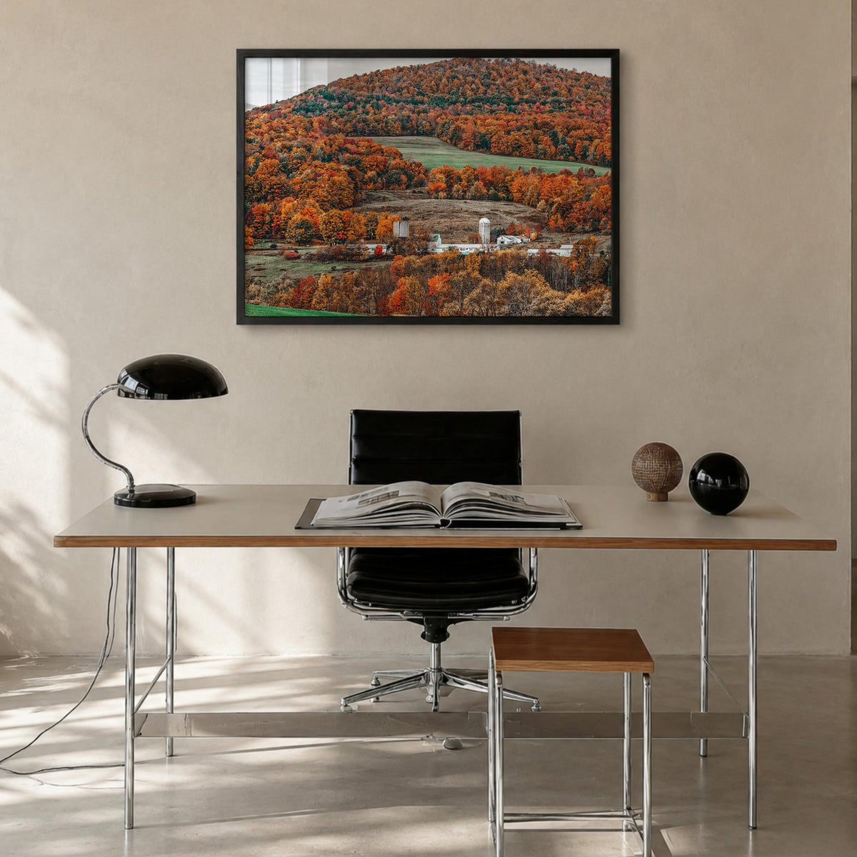Catskill Mountains colorful photo poster of New York, USA – horizontal wall art in black wood frame, hanging on wall
