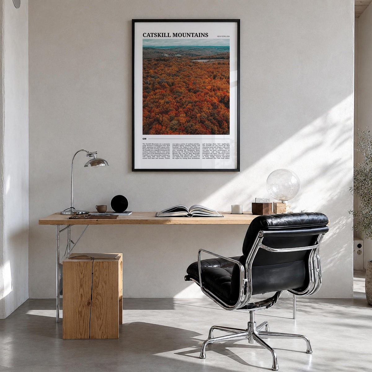 Catskill Mountains colorful travel poster of New York, USA – vertical wall art in black wood frame, hanging on wall