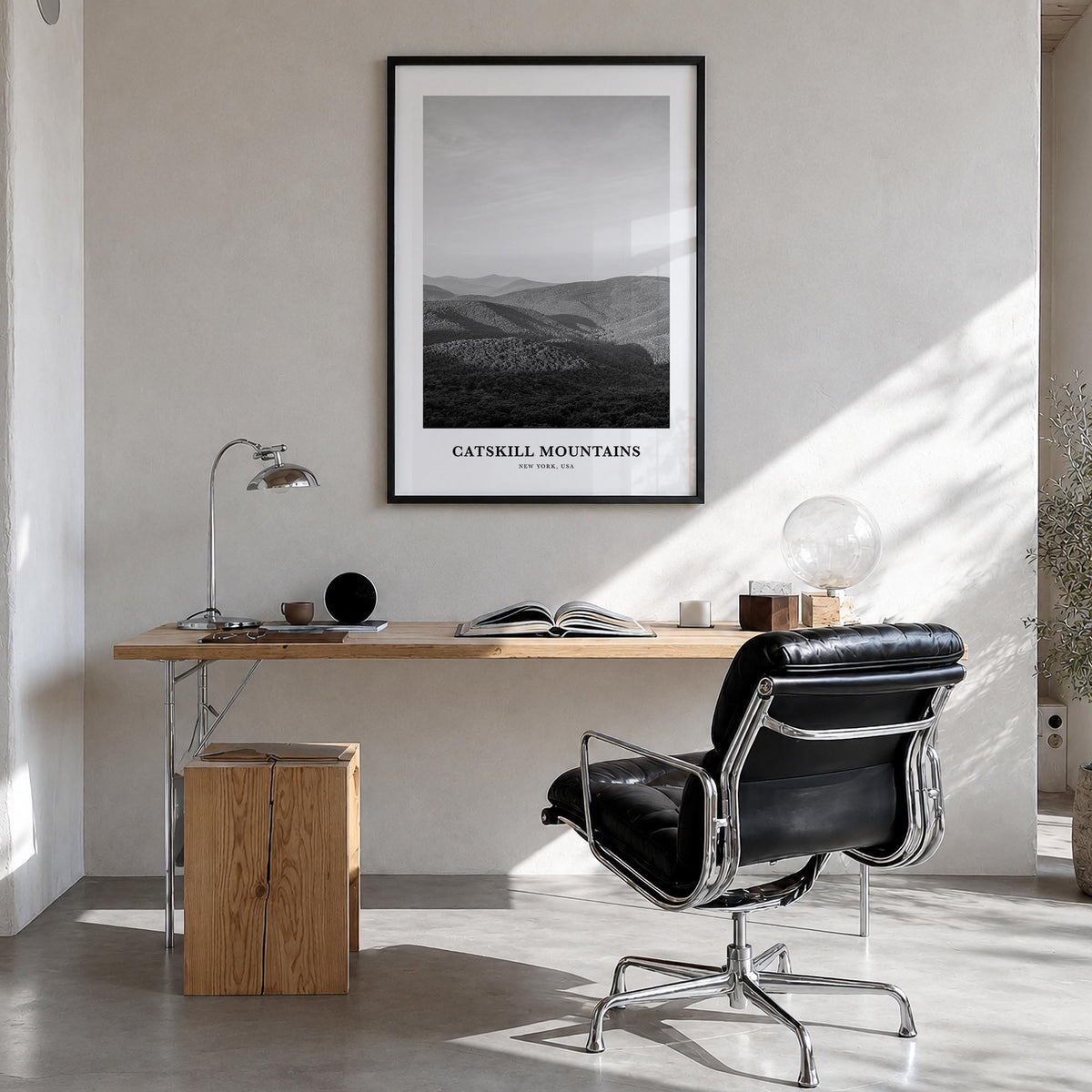 Catskill Mountains no. 1 black & white classic poster of New York, USA – vertical wall art in black wood frame, hanging on wa