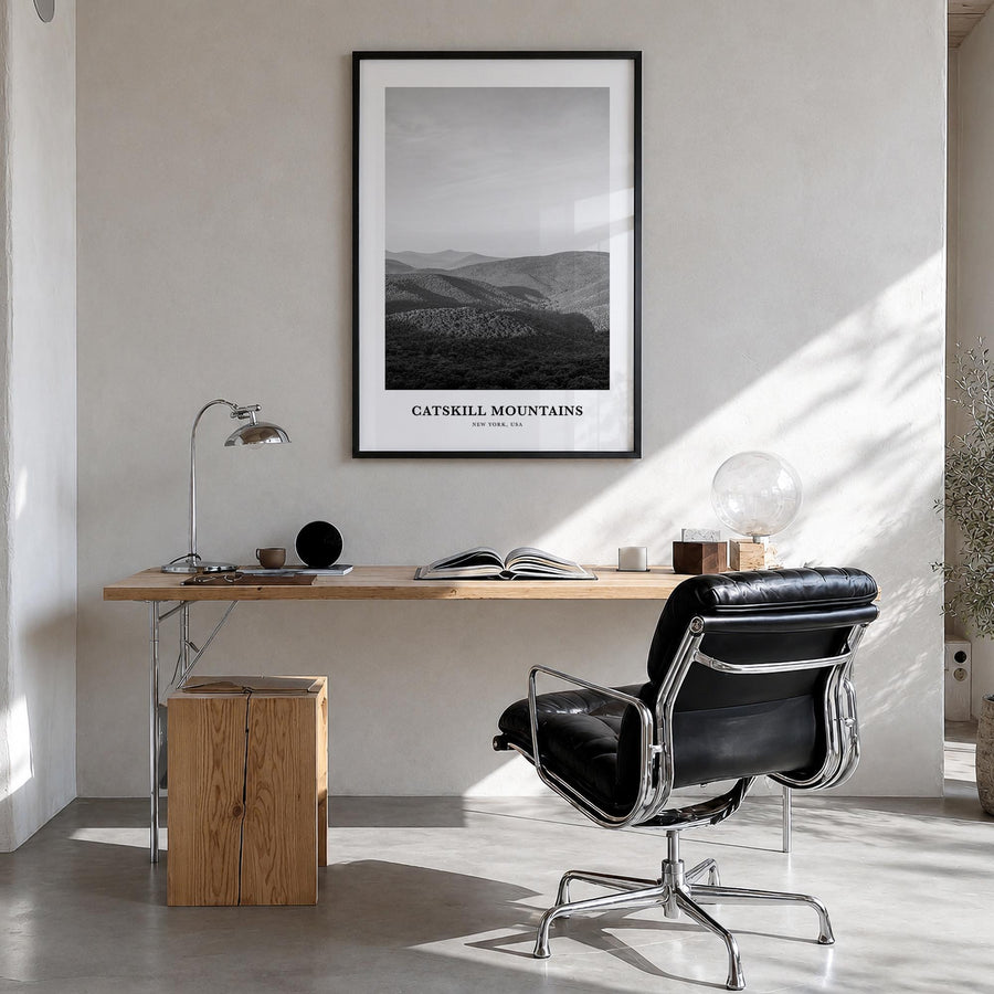 Catskill Mountains no. 1 black & white classic poster of New York, USA – vertical wall art in black wood frame, hanging on wa