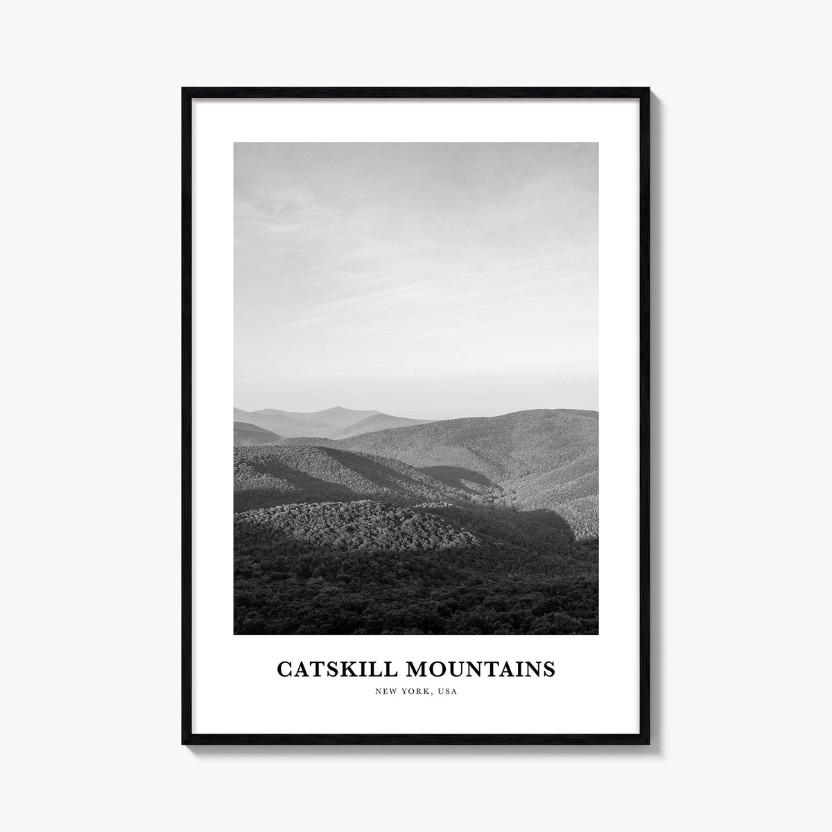 Catskill Mountains no. 1 black & white classic poster of New York, USA – vertical wall art, unframed print shown in interior 