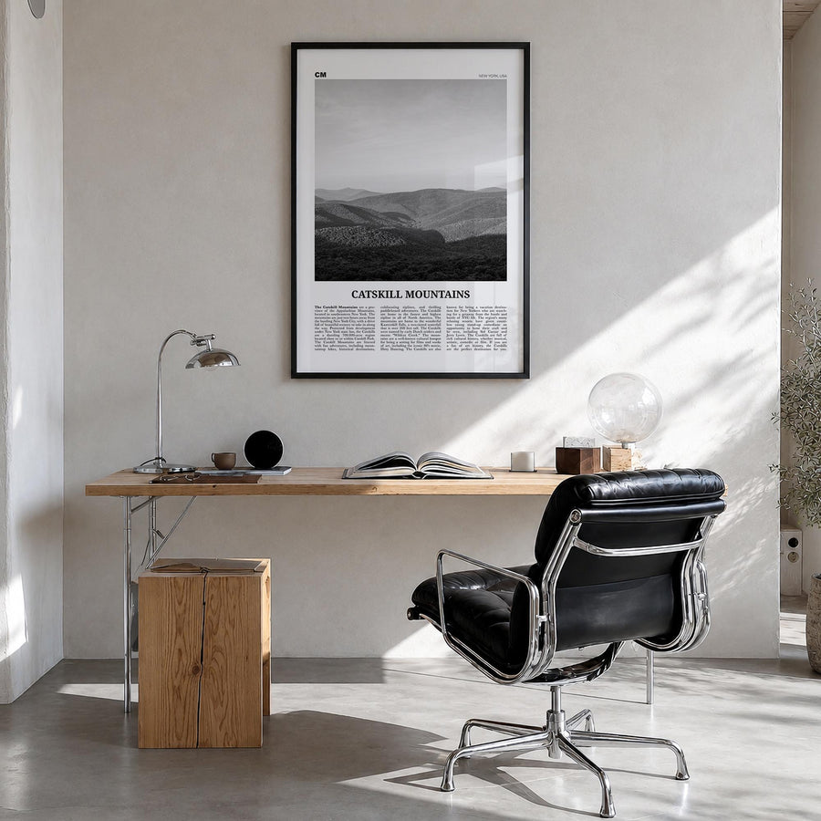 Catskill Mountains no. 1 black & white newspaper poster of New York, USA – vertical wall art in black wood frame, hanging on 
