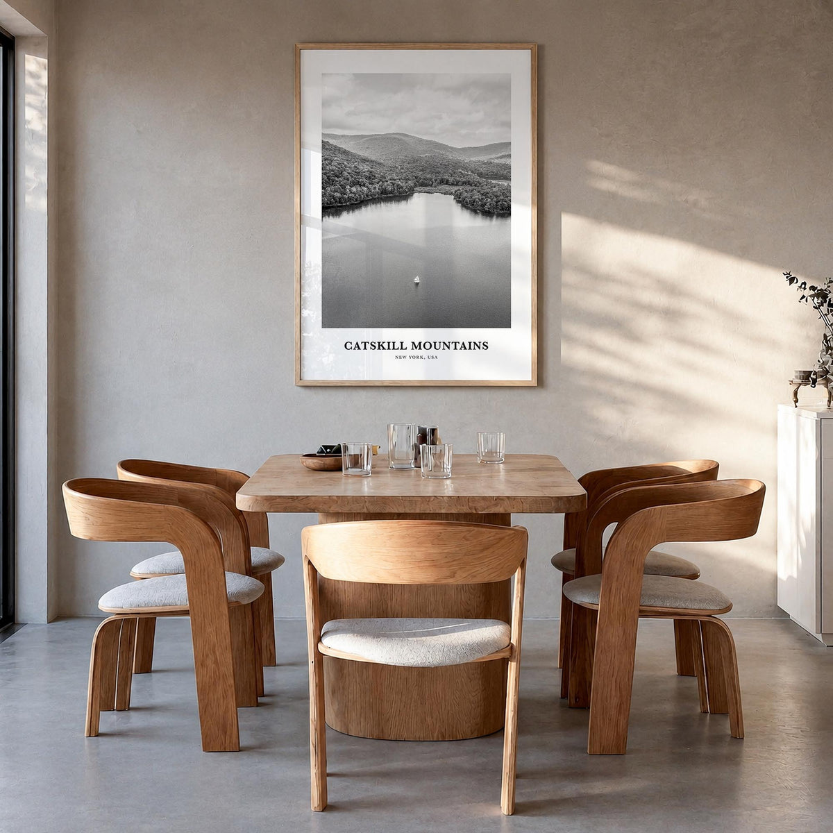 Catskill Mountains no. 2 black & white classic poster of New York, USA – vertical wall art in natural wood frame, hanging on 