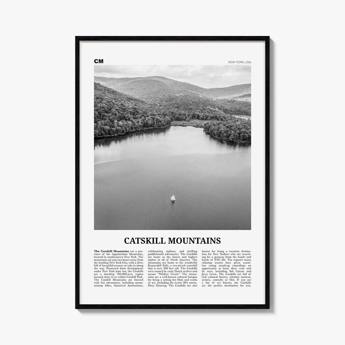 Catskill Mountains no. 2 black & white newspaper poster of New York, USA – vertical wall art, unframed print shown in interio