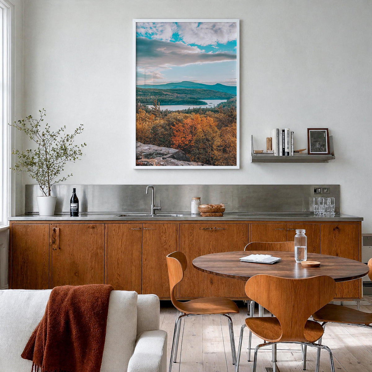 Catskill Mountains no. 4 colorful photo poster of New York, USA – vertical wall art in white wood frame, hanging on wall
