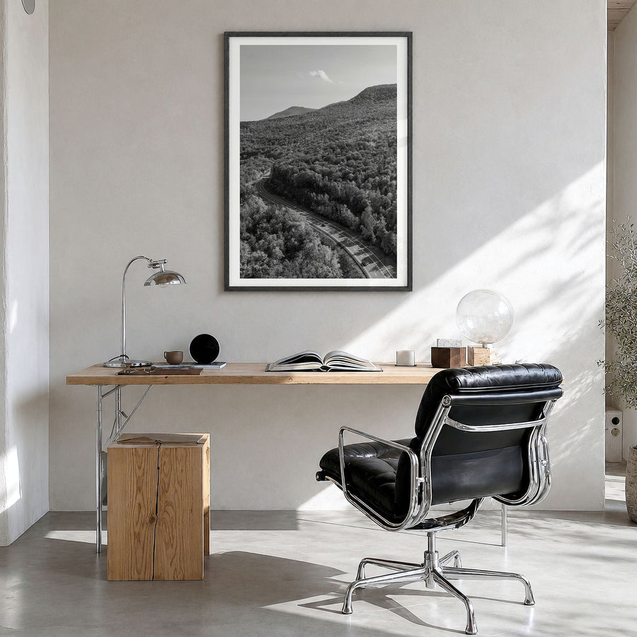 Catskill Mountains Photo Poster in a black wood frame, hanging in a bright home office, white border