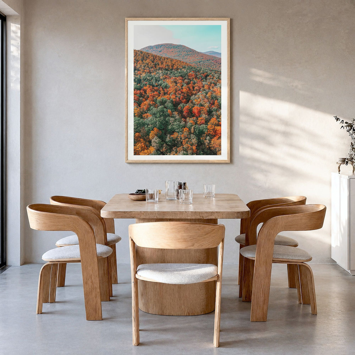 Catskill Mountains Photo No 2 Poster in a natural wood frame, hanging in a dining room, white border