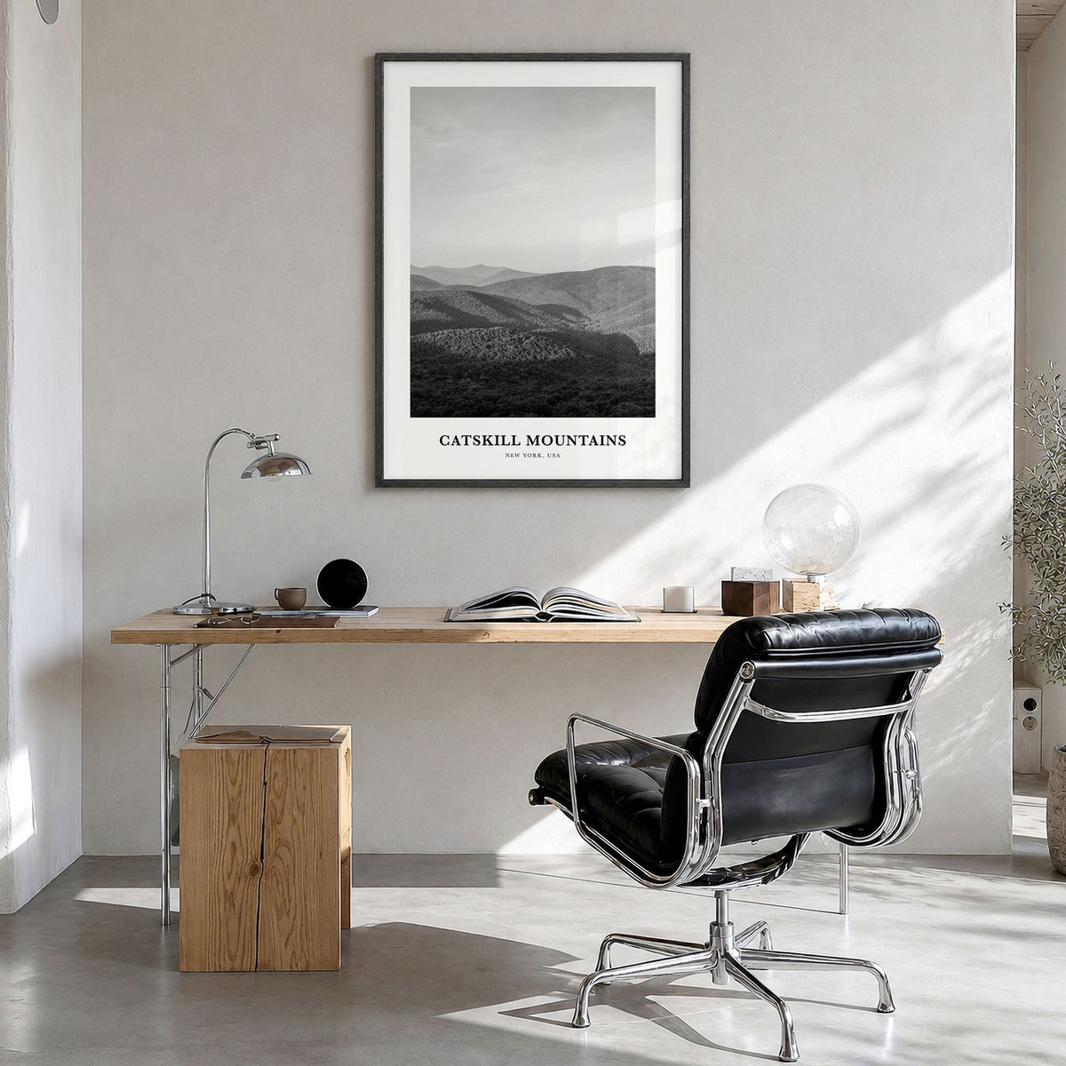 Catskill Mountains Classic No 1 Poster in a black wood frame, hanging in a bright home office