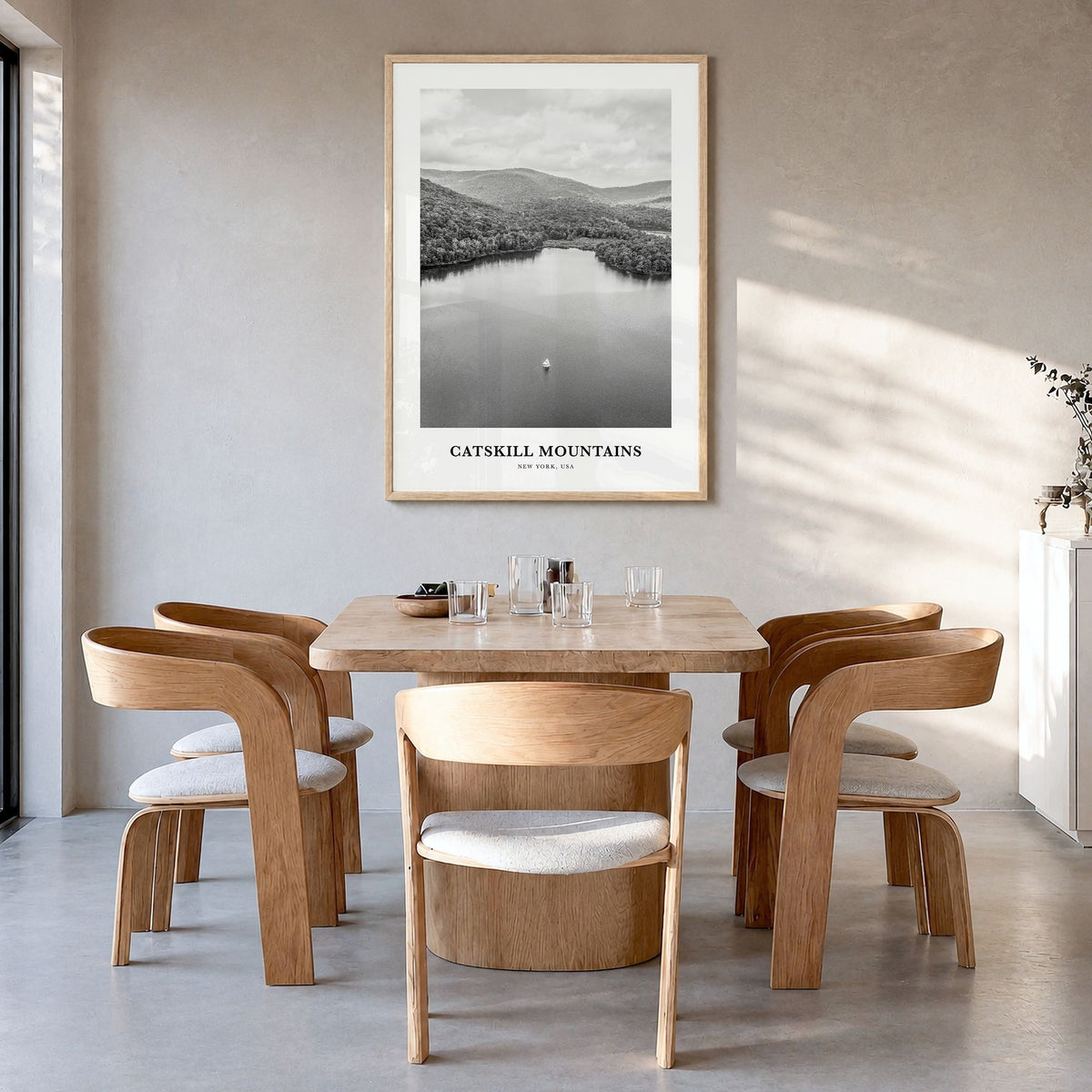 Catskill Mountains Classic No 2 Poster in a natural wood frame, hanging in a dining room