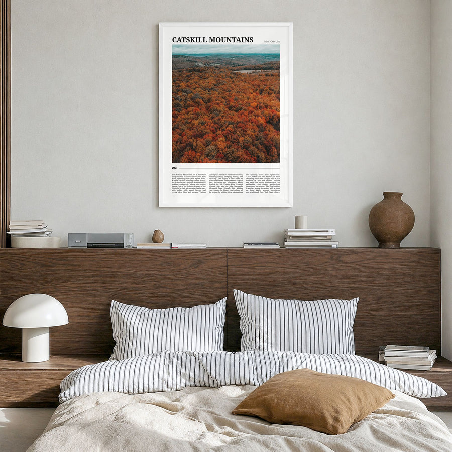 Catskill Mountains Travel Poster in a white wood frame, hanging in a bedroom
