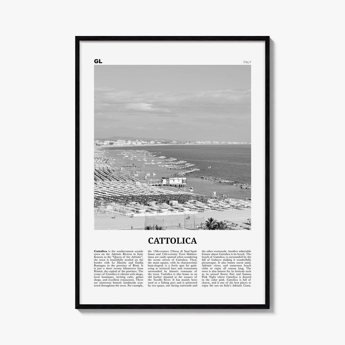 Cattolica black & white newspaper poster of Italy – vertical wall art, unframed print shown in interior mockup