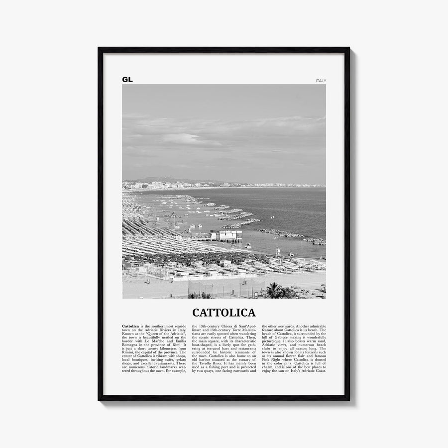 Cattolica black & white newspaper poster of Italy – vertical wall art, unframed print shown in interior mockup