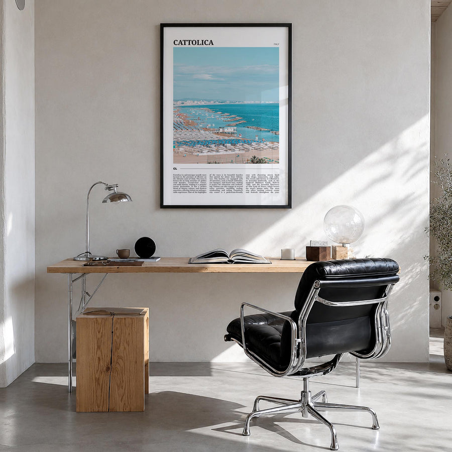 Cattolica colorful travel poster of Italy – vertical wall art in black wood frame, hanging on wall
