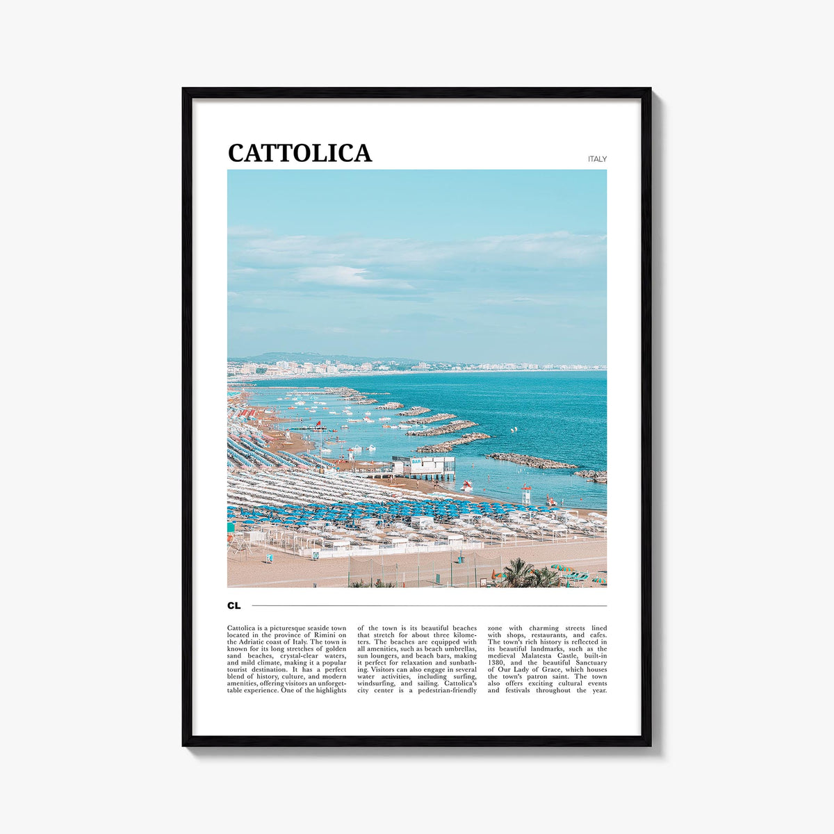 Cattolica colorful travel poster of Italy – vertical wall art, unframed print shown in interior mockup