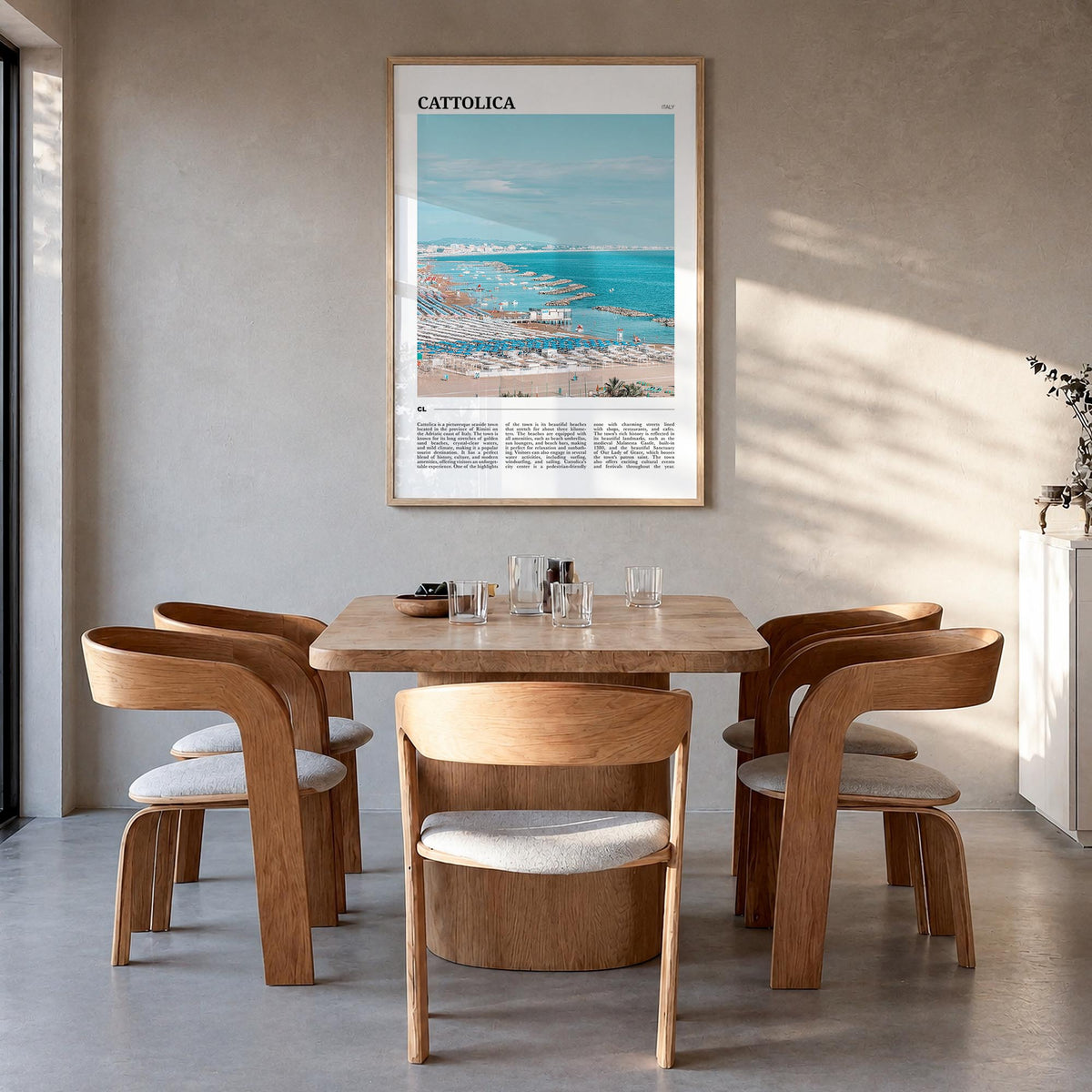 Cattolica colorful travel poster of Italy – vertical wall art in natural wood frame, hanging on wall