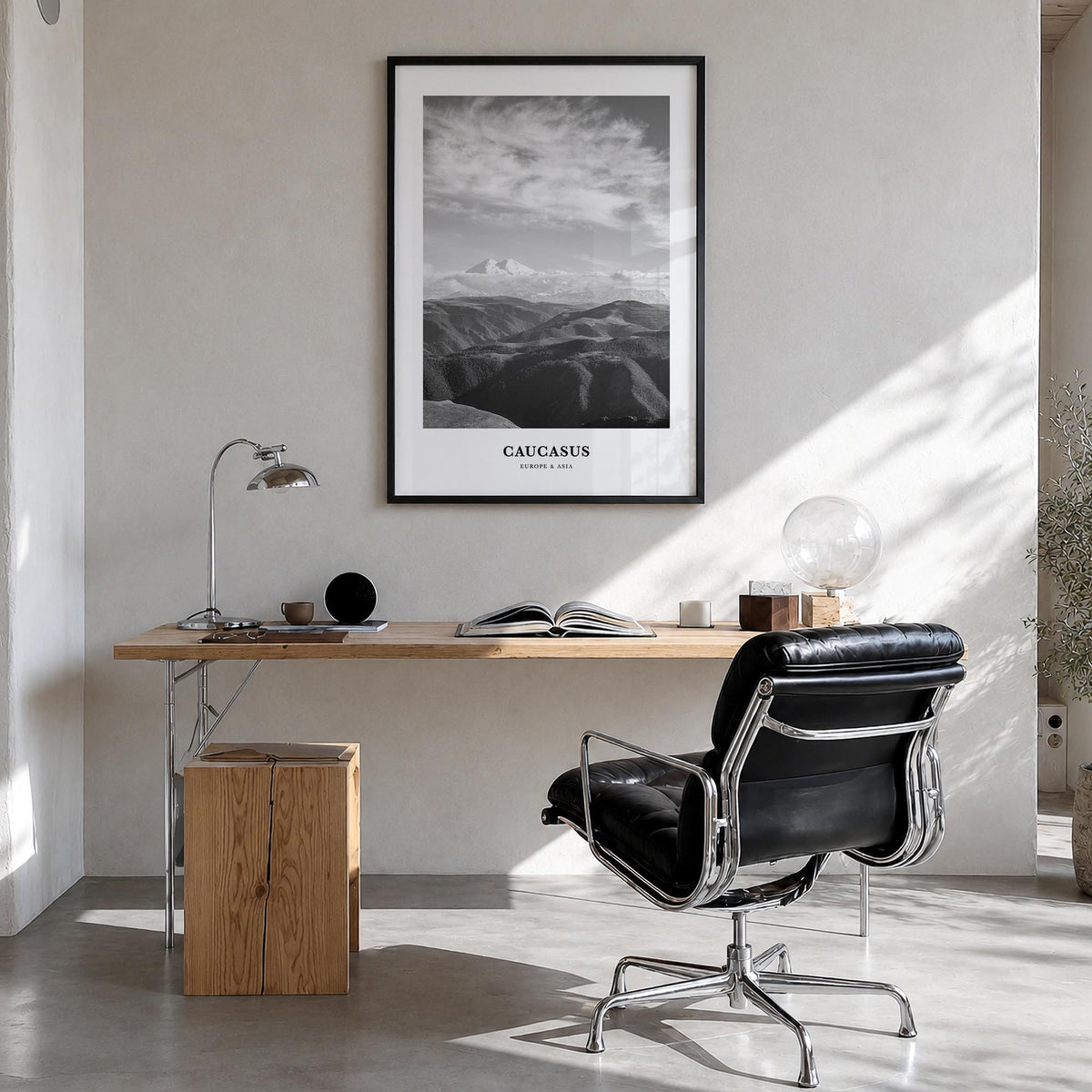 Caucasus Mountains black & white classic poster of Caucasus – vertical wall art in black wood frame, hanging on wall