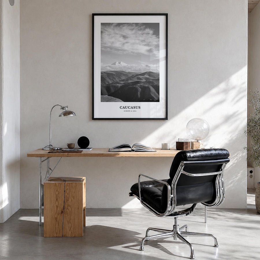 Caucasus Mountains black & white classic poster of Caucasus – vertical wall art in black wood frame, hanging on wall