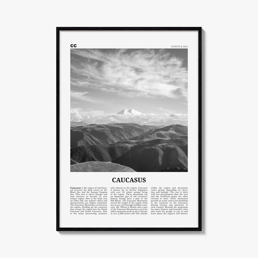 Caucasus Mountains black & white newspaper poster of Caucasus – vertical wall art, unframed print shown in interior mockup