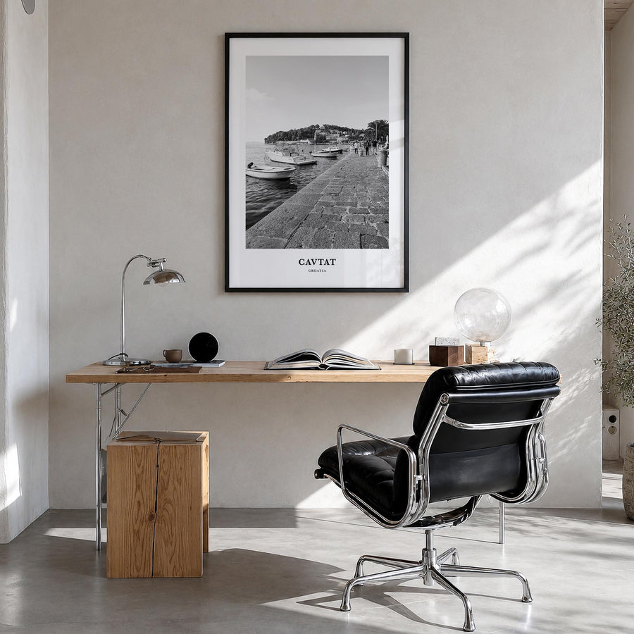Cavtat black & white classic poster of Croatia – vertical wall art in black wood frame, hanging on wall