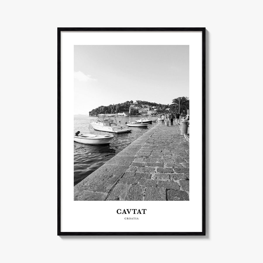 Cavtat black & white classic poster of Croatia – vertical wall art, unframed print shown in interior mockup