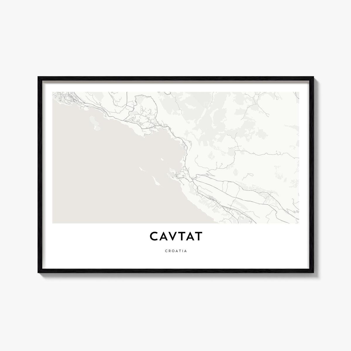 Cavtat black & white map poster of Croatia – horizontal wall art, unframed print shown in interior mockup