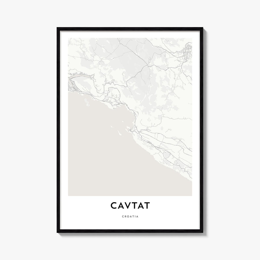 Cavtat black & white map poster of Croatia – vertical wall art, unframed print shown in interior mockup