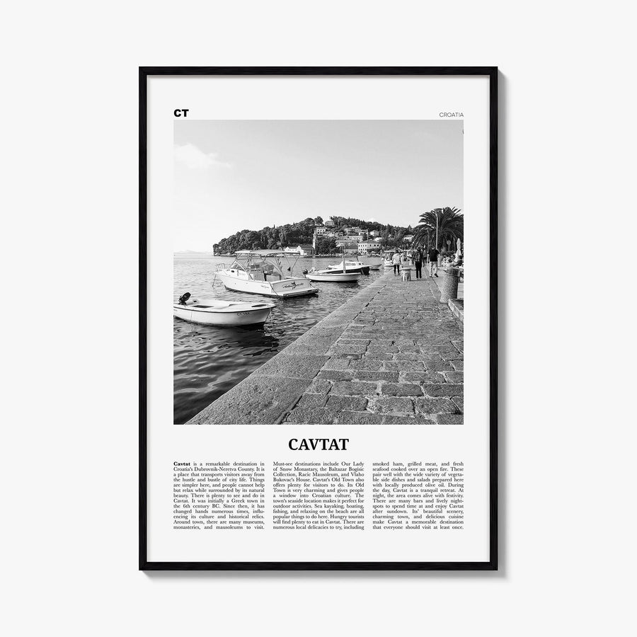 Cavtat black & white newspaper poster of Croatia – vertical wall art, unframed print shown in interior mockup