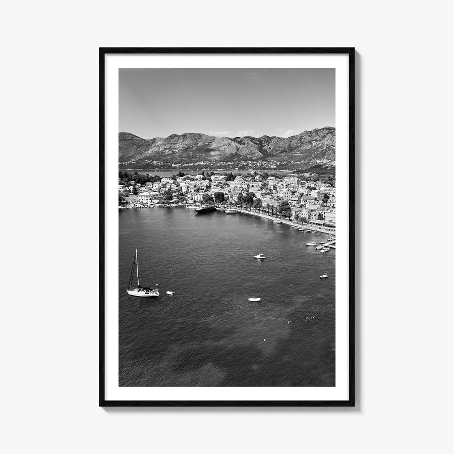 Cavtat black & white photo poster of Croatia – vertical wall art, unframed print shown in interior mockup