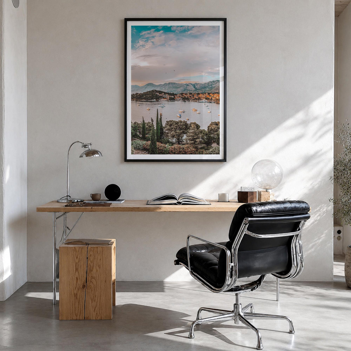 Cavtat colorful photo poster of Croatia – vertical wall art in black wood frame with white border, hanging on wall