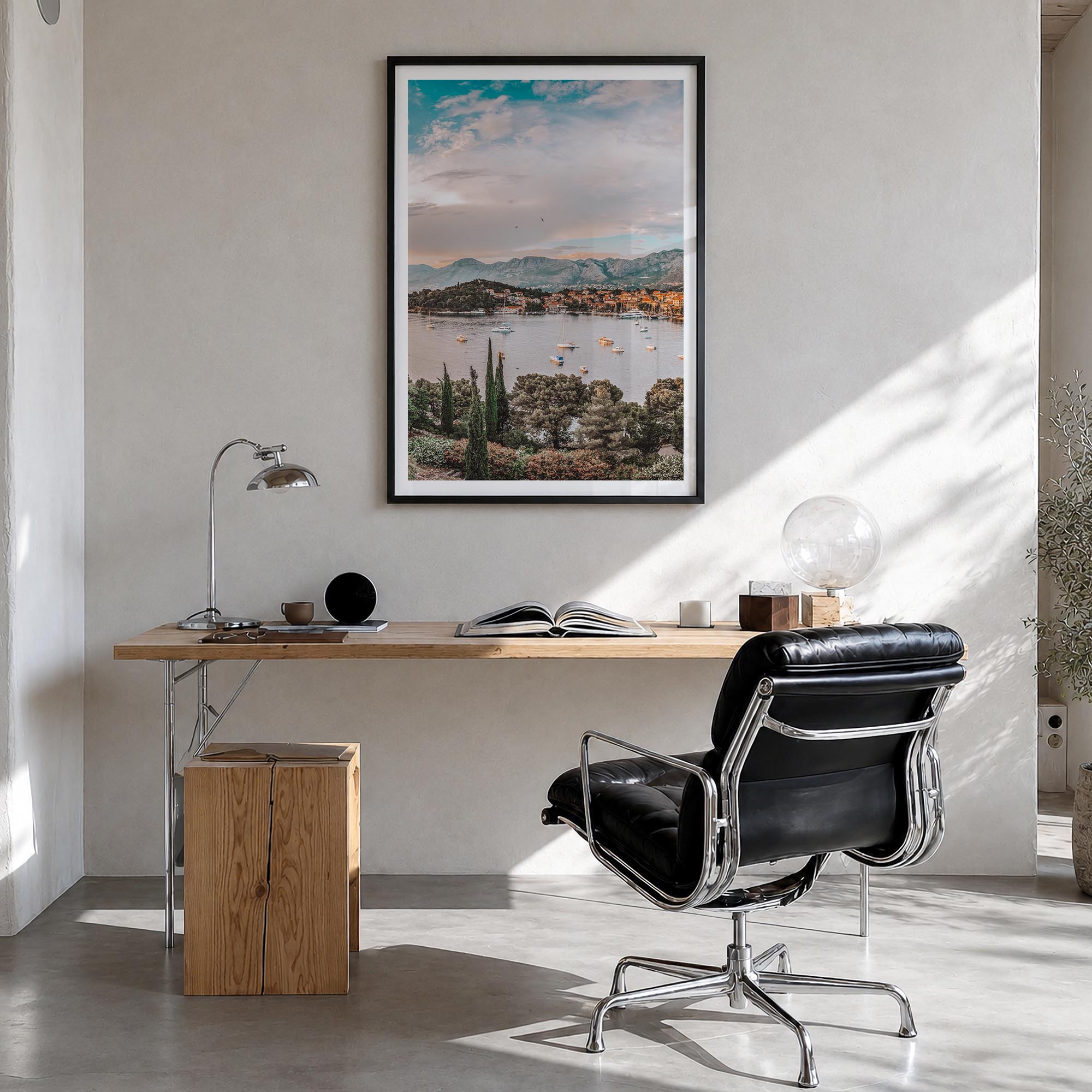 Cavtat colorful photo poster of Croatia – vertical wall art in black wood frame with white border, hanging on wall