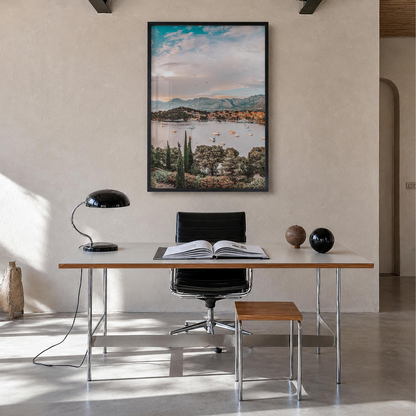 Cavtat colorful photo poster of Croatia – vertical wall art in black wood frame, hanging on wall