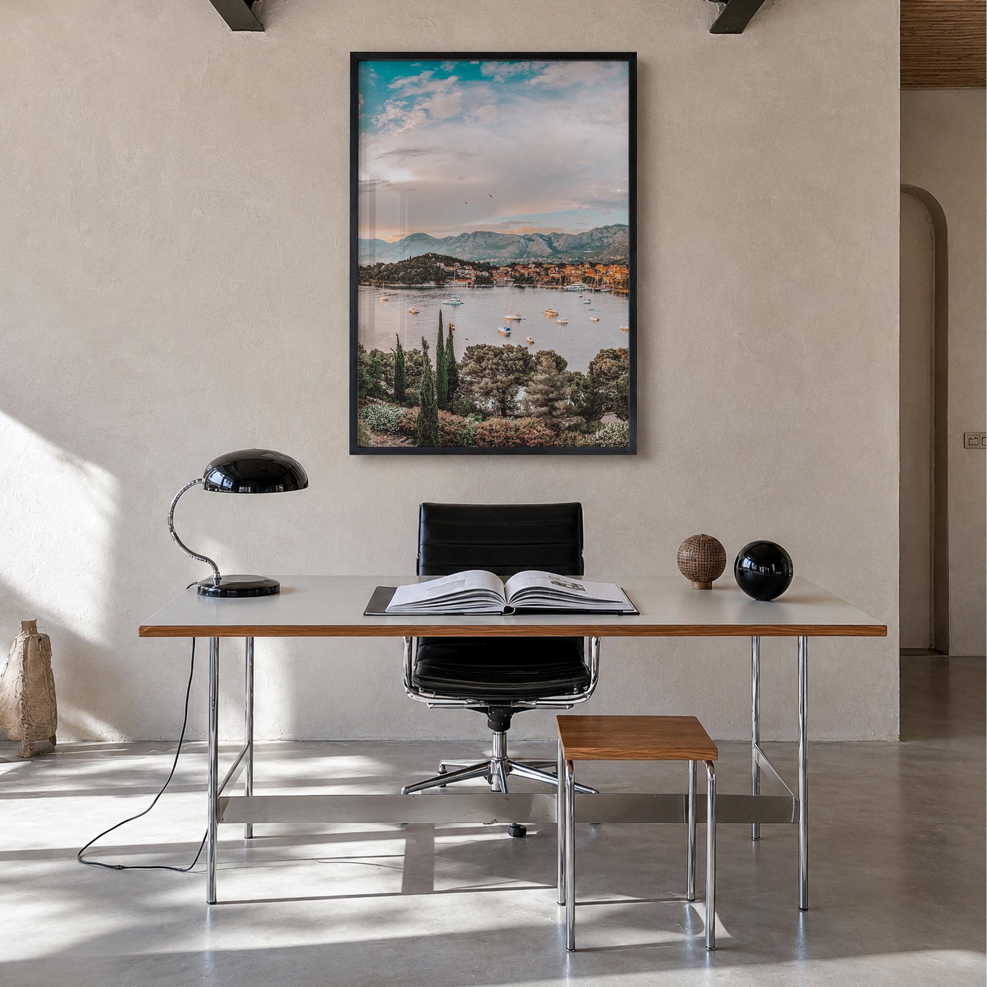Cavtat colorful photo poster of Croatia – vertical wall art in black wood frame, hanging on wall
