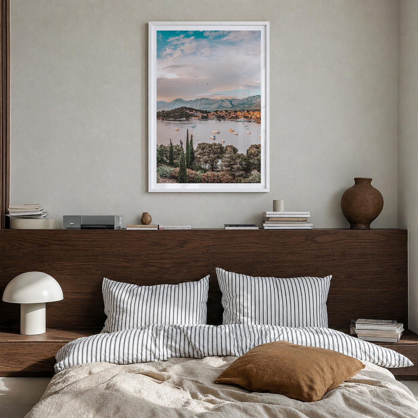 Cavtat colorful photo poster of Croatia – vertical wall art in white wood frame with white border, hanging on wall