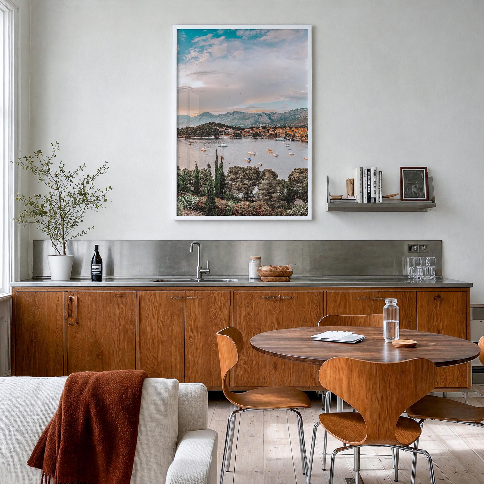 Cavtat colorful photo poster of Croatia – vertical wall art in white wood frame, hanging on wall