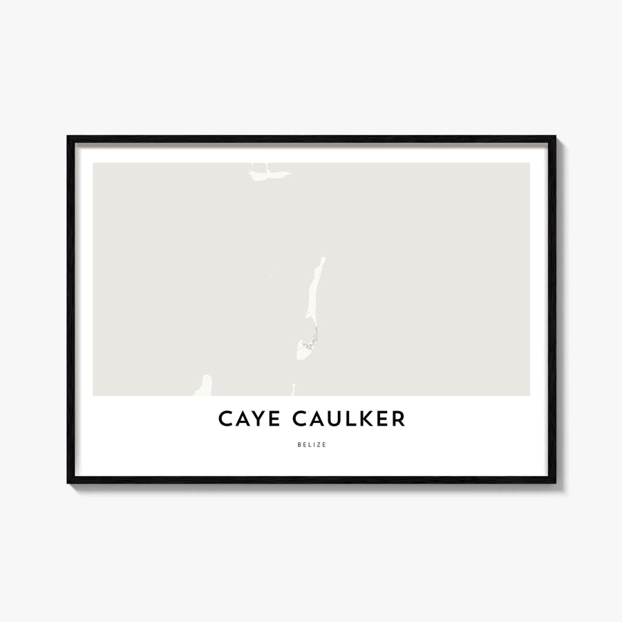 Caye Caulker black & white map poster of Belize – horizontal wall art, unframed print shown in interior mockup