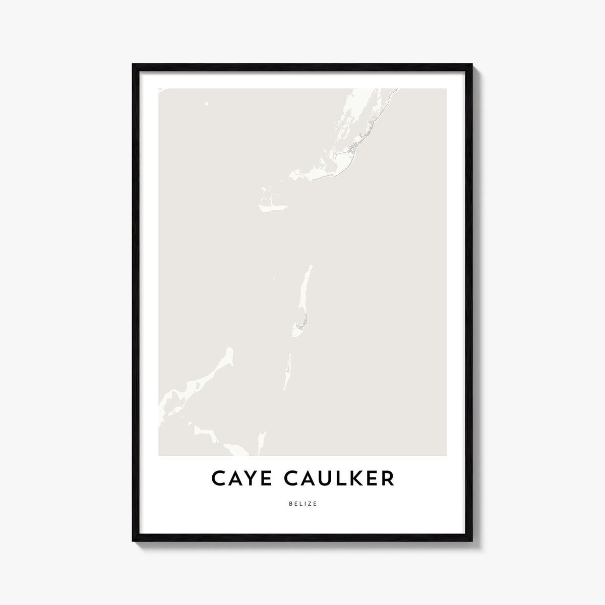 Caye Caulker black & white map poster of Belize – vertical wall art, unframed print shown in interior mockup