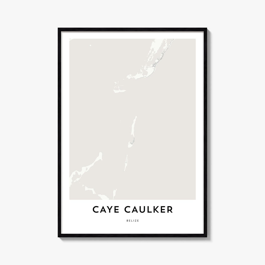 Caye Caulker black & white map poster of Belize – vertical wall art, unframed print shown in interior mockup