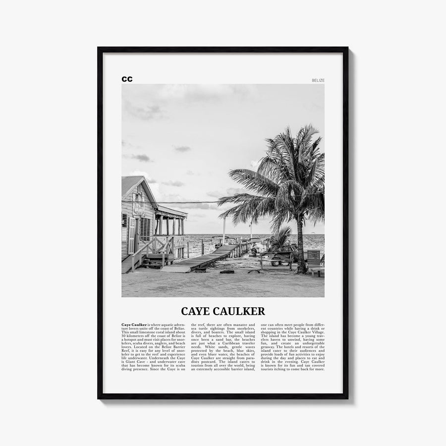 Caye Caulker black & white newspaper poster of Belize – vertical wall art, unframed print shown in interior mockup