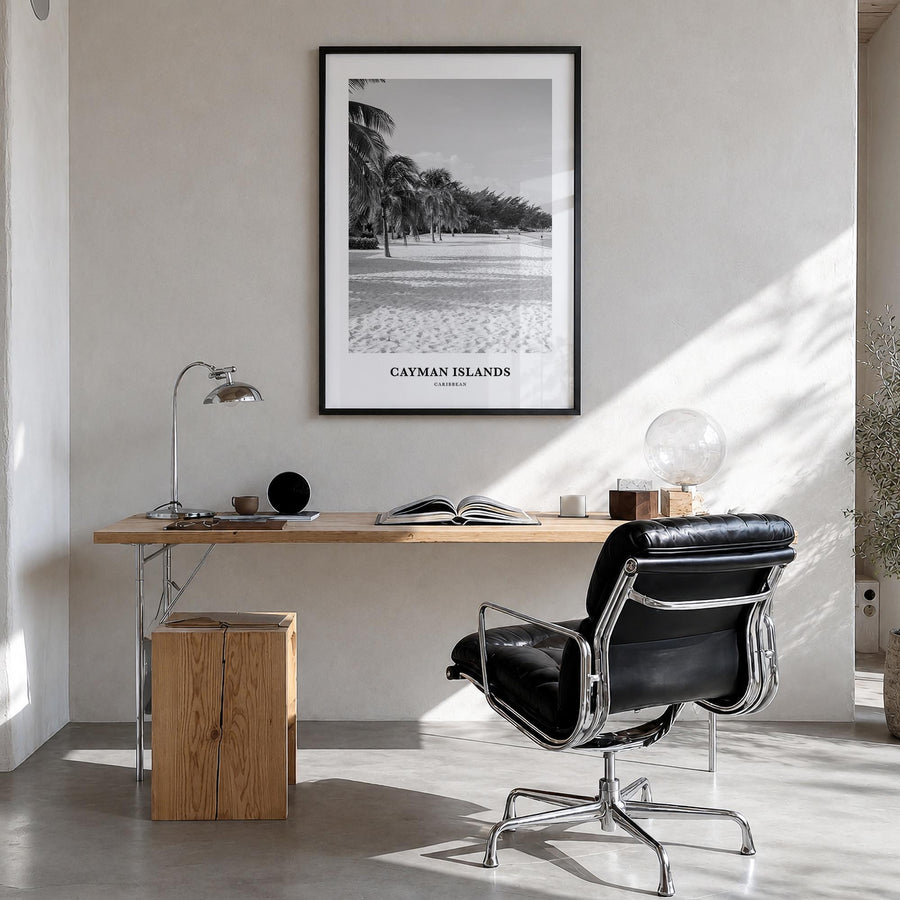 Cayman Islands black & white classic poster of Caribbean – vertical wall art in black wood frame, hanging on wall