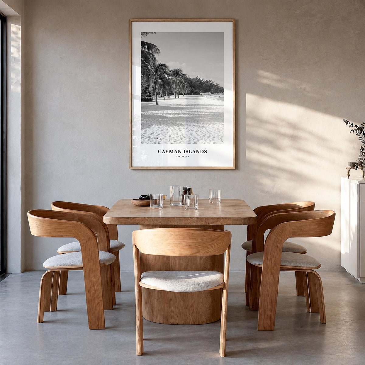 Cayman Islands black & white classic poster of Caribbean – vertical wall art in natural wood frame, hanging on wall