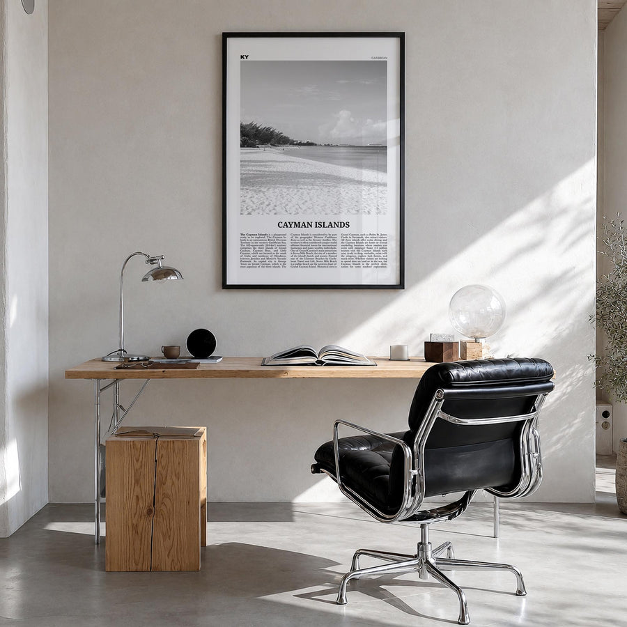 Cayman Islands black & white newspaper poster of Caribbean – vertical wall art in black wood frame, hanging on wall