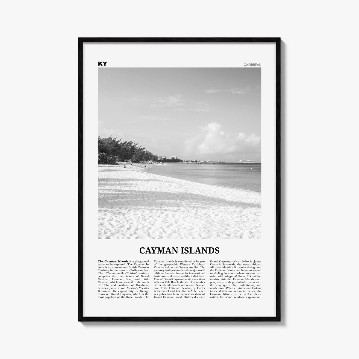 Cayman Islands black & white newspaper poster of Caribbean – vertical wall art, unframed print shown in interior mockup